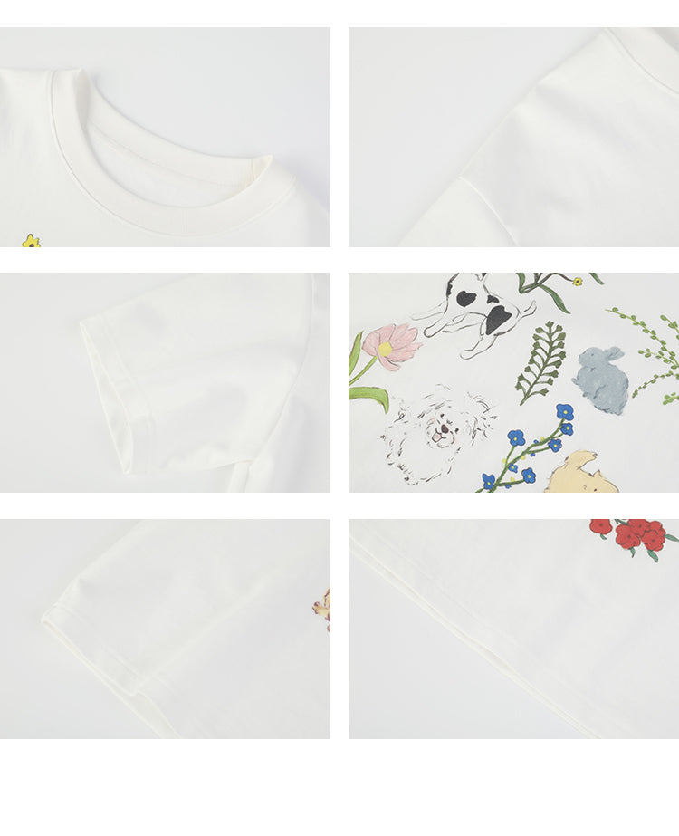 Flower Dog Printed T-Shirt & Denim Shorts