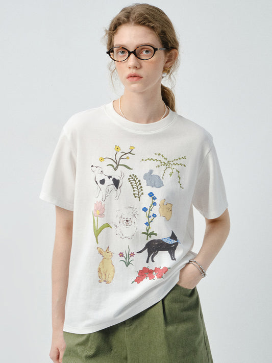 Flower Dog Printed T-Shirt & Denim Shorts