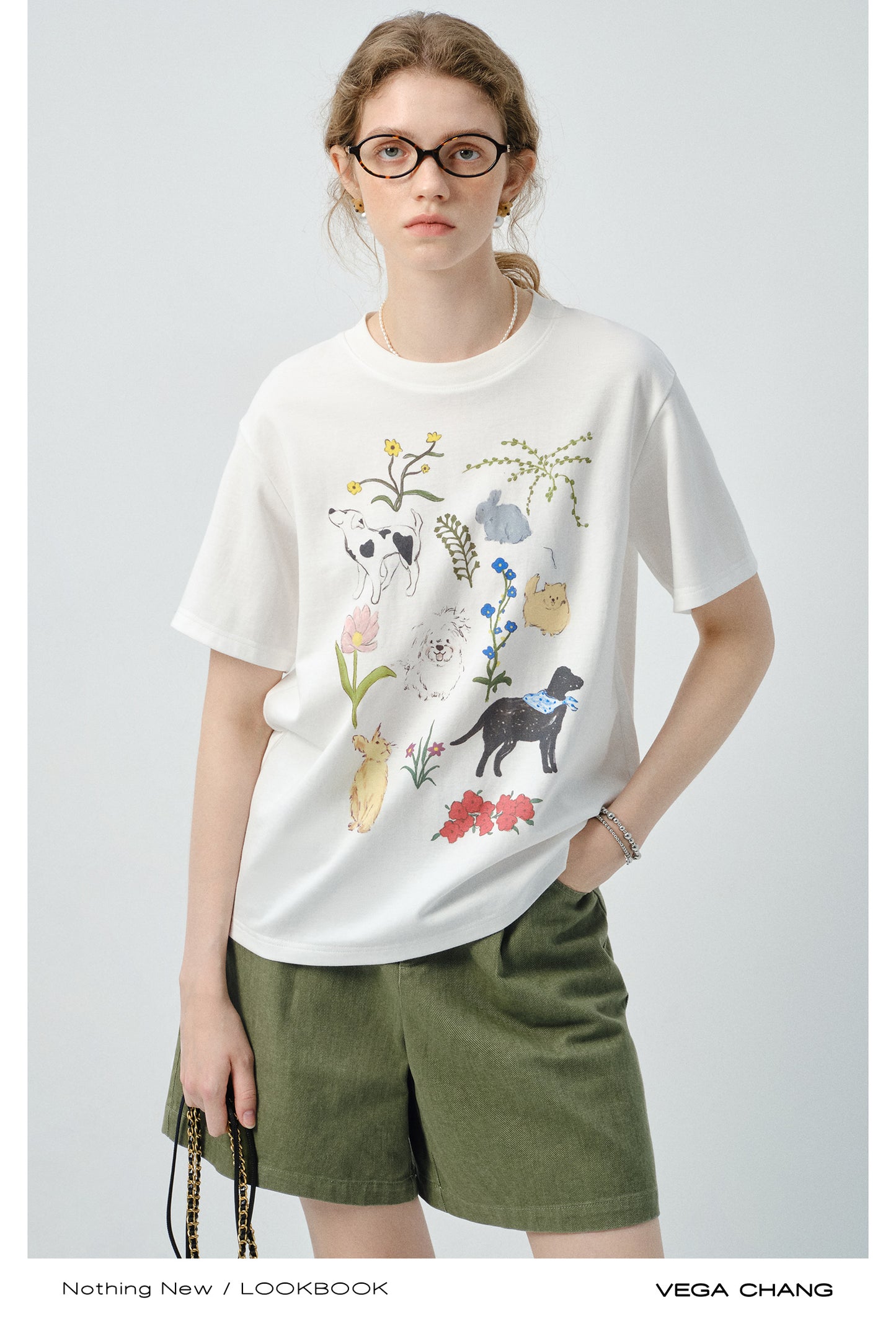Flower Dog Printed T-Shirt & Denim Shorts