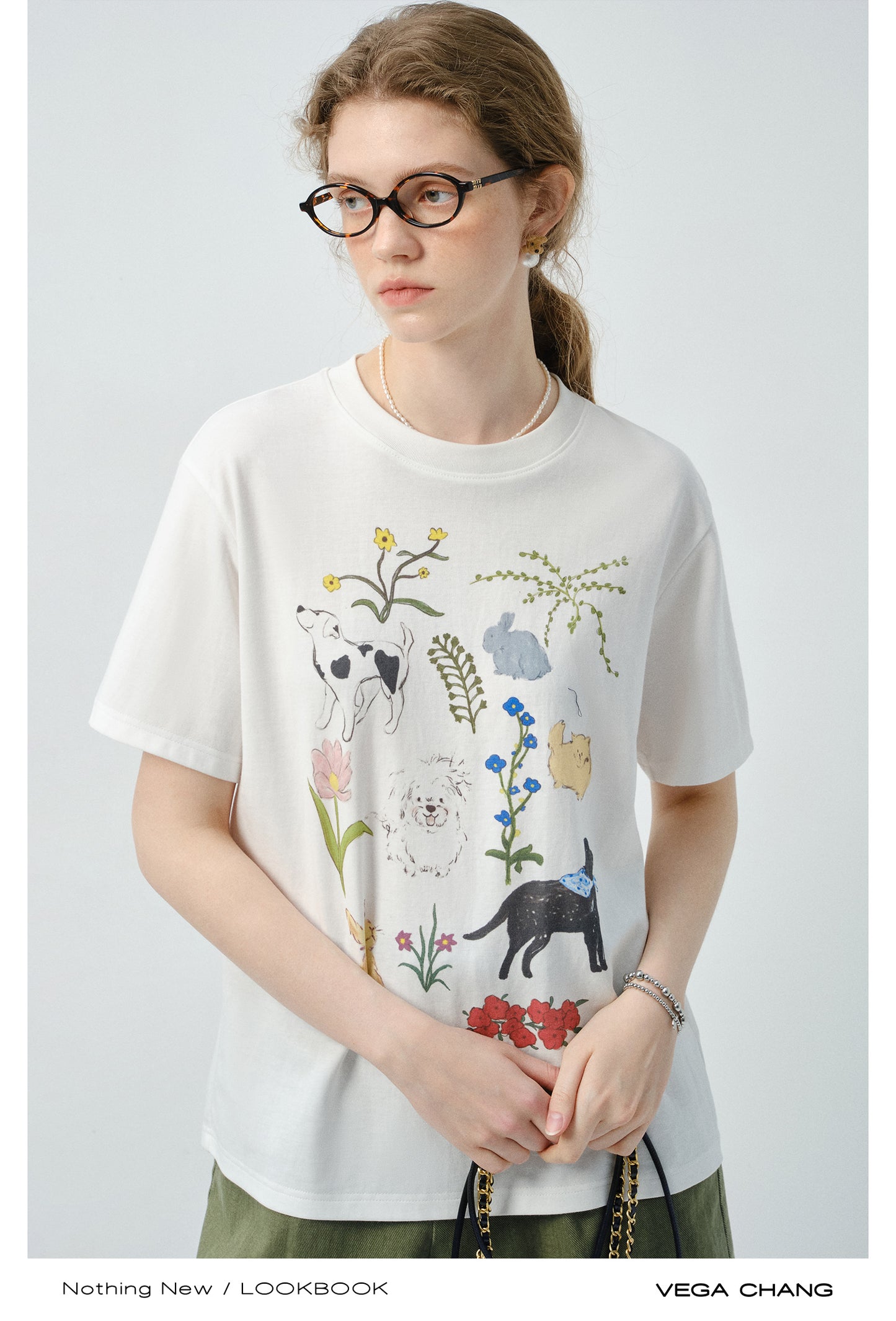 Flower Dog Printed T-Shirt & Denim Shorts