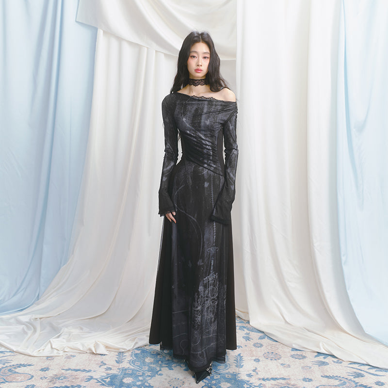 Draped Printed Mesh Layered Dress With Lace Detail
