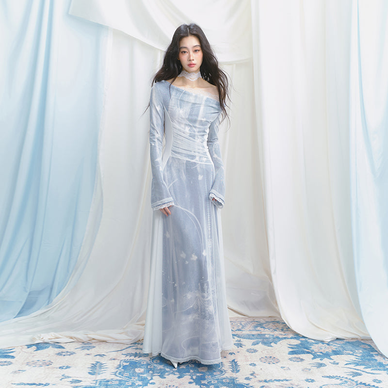 Draped Printed Mesh Layered Dress With Lace Detail