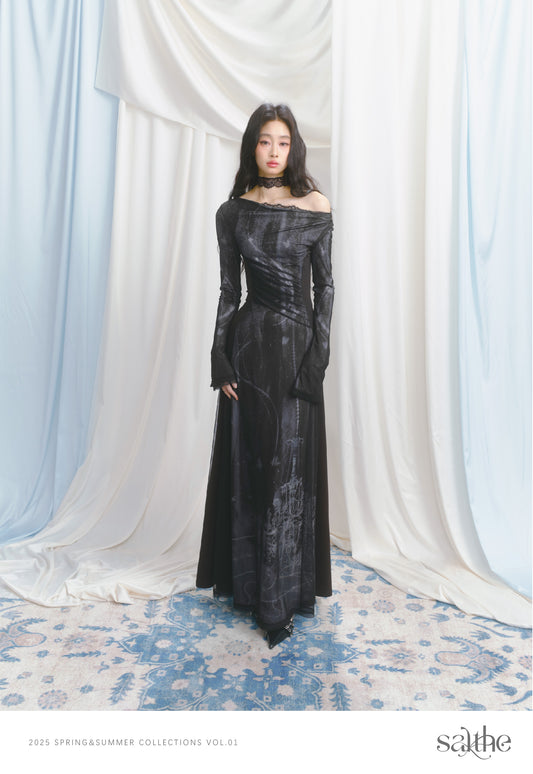 Draped Printed Mesh Layered Dress With Lace Detail