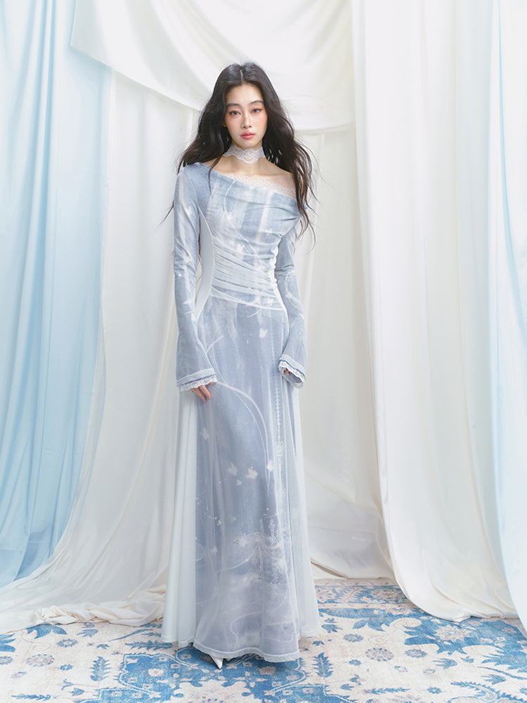 Draped Printed Mesh Layered Dress With Lace Detail