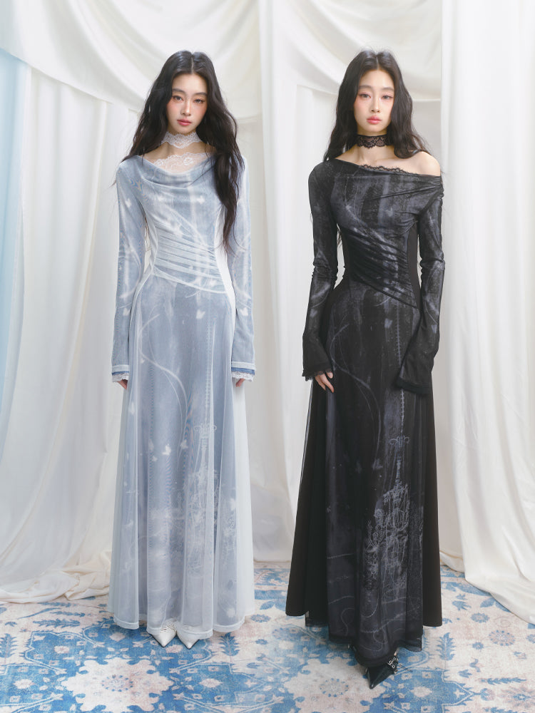 Draped Printed Mesh Layered Dress With Lace Detail