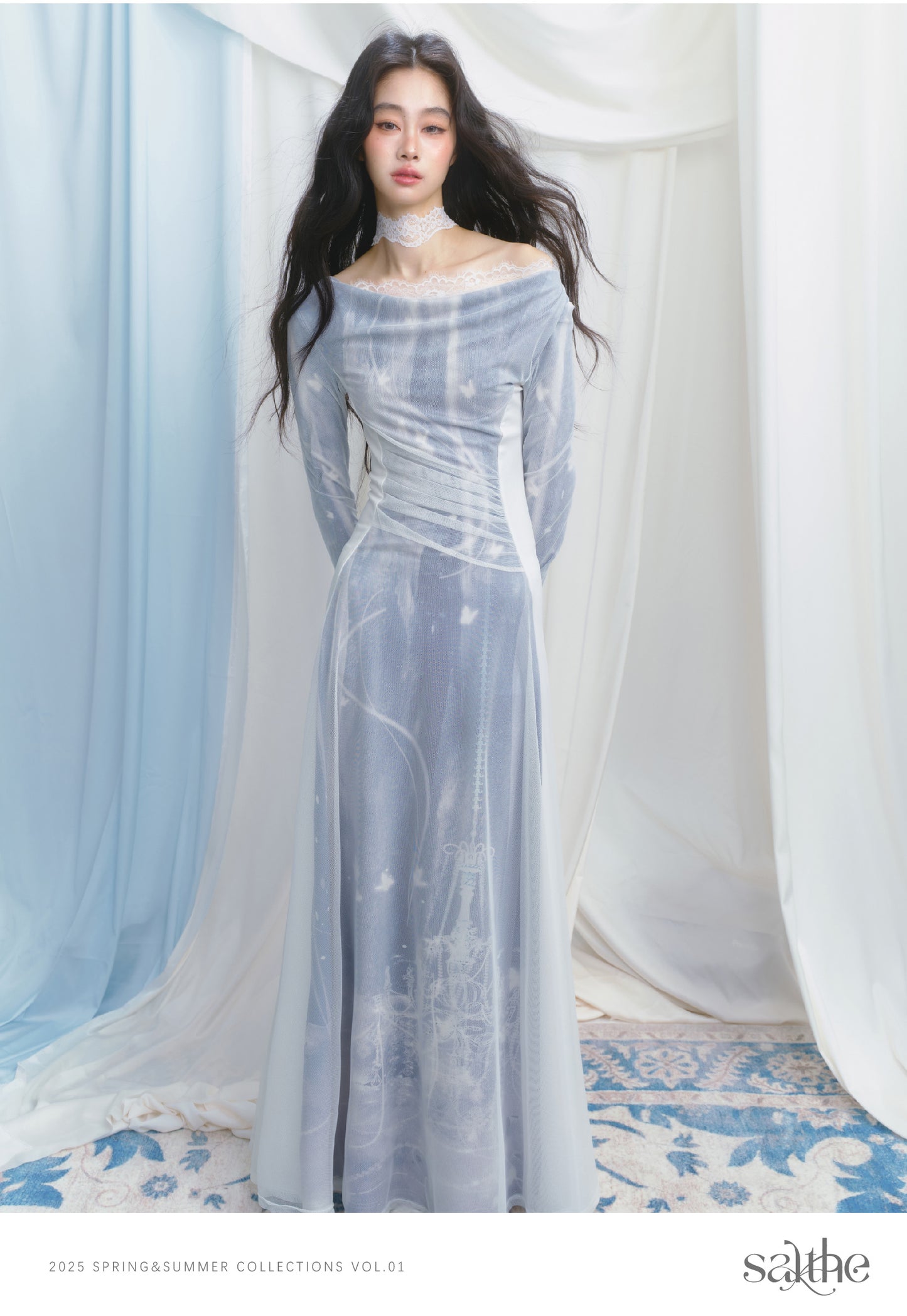 Draped Printed Mesh Layered Dress With Lace Detail