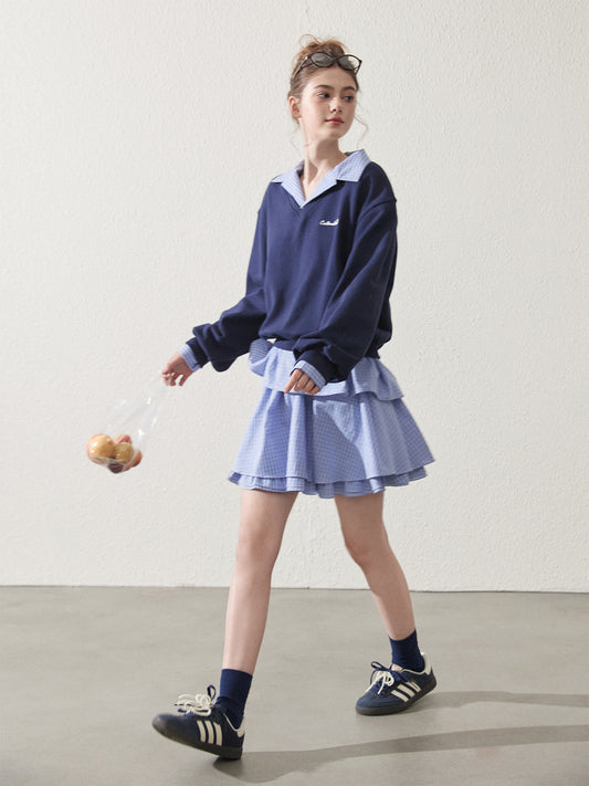 Open-Collar Plaid Shirt, Skirt, And V-Neck Sweatshirt