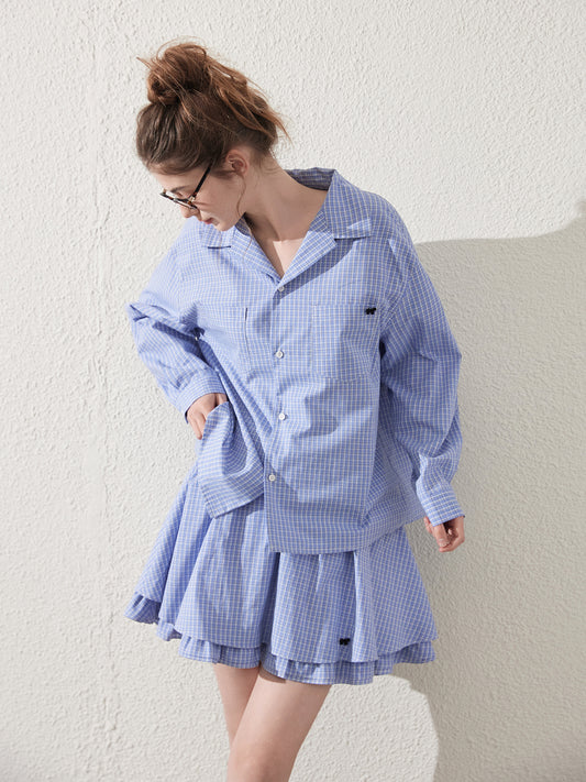 Open-Collar Plaid Shirt, Skirt, And V-Neck Sweatshirt