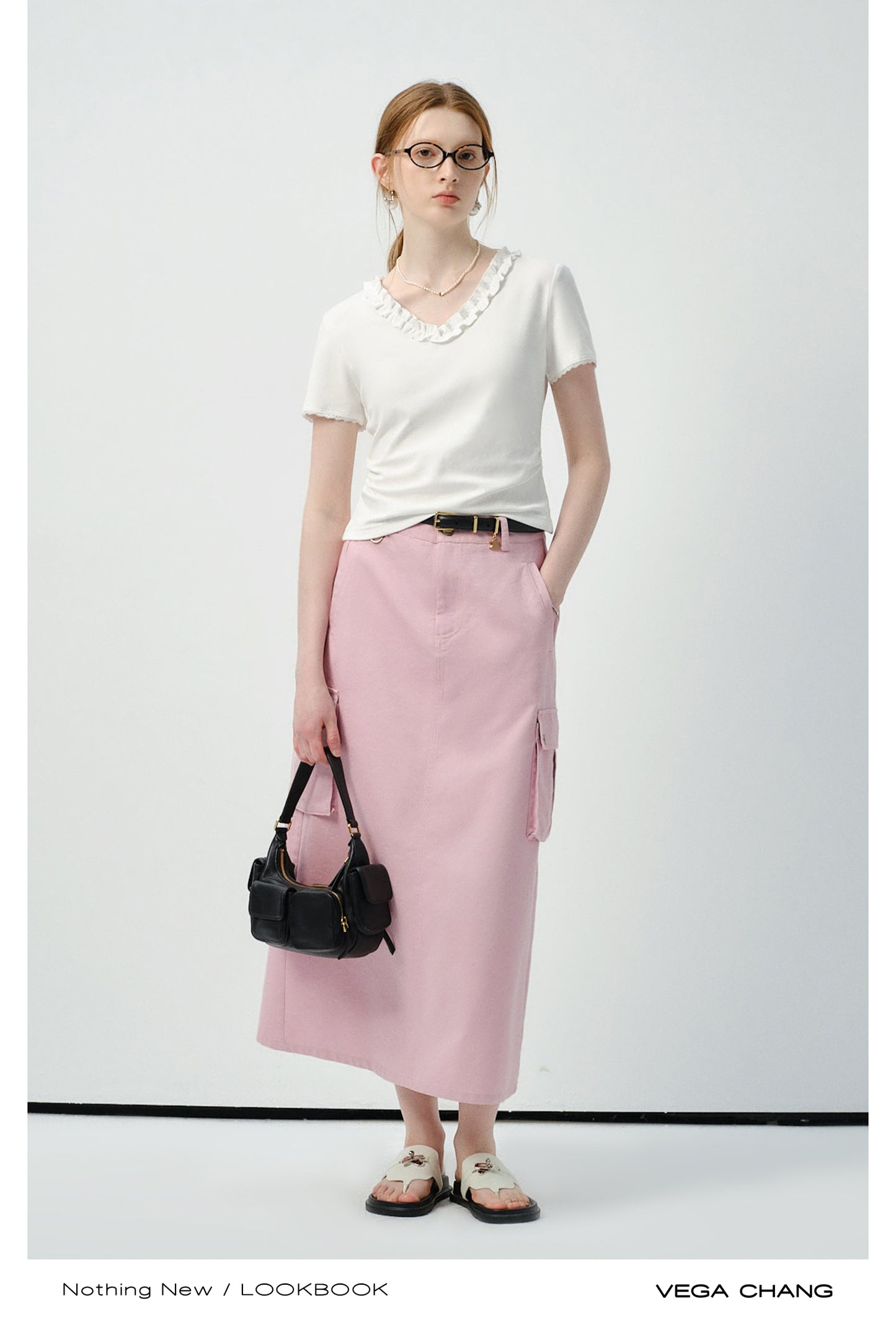 Ruffle Trim V-Neck Plain T-Shirt