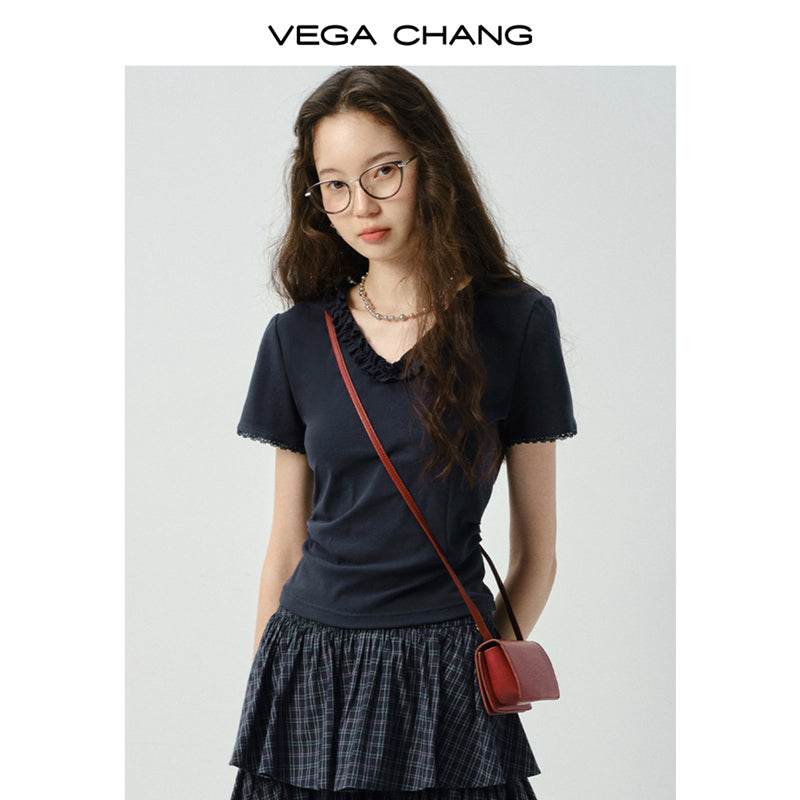 Ruffle Trim V-Neck Plain T-Shirt