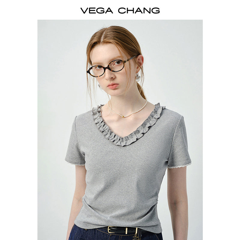 Ruffle Trim V-Neck Plain T-Shirt
