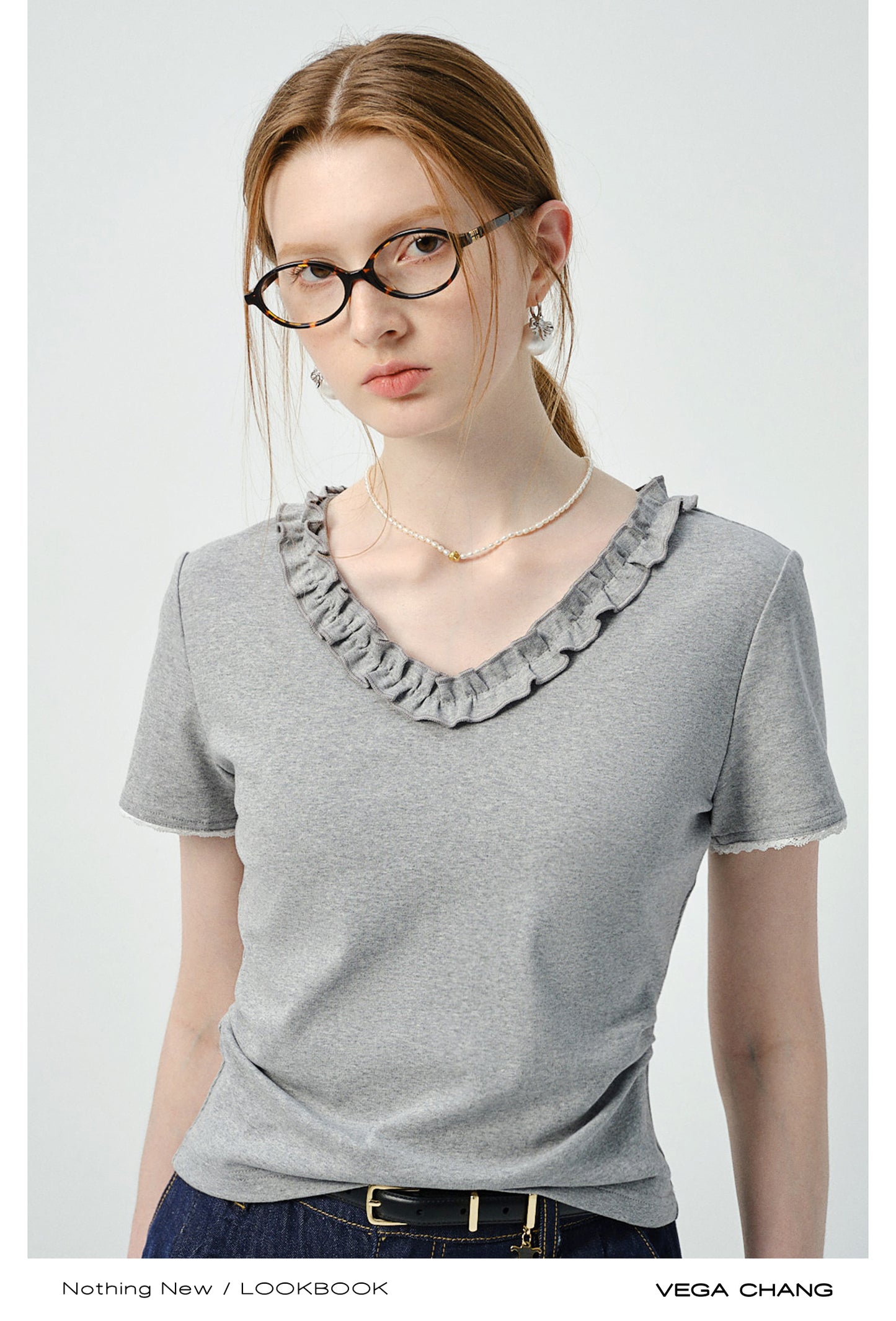 Ruffle Trim V-Neck Plain T-Shirt