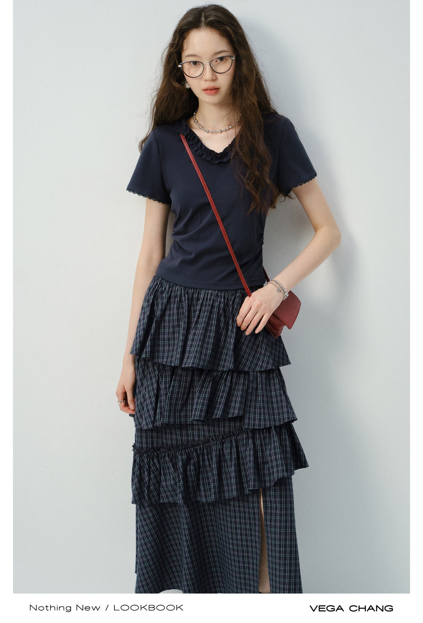 Ruffle Trim V-Neck Plain T-Shirt