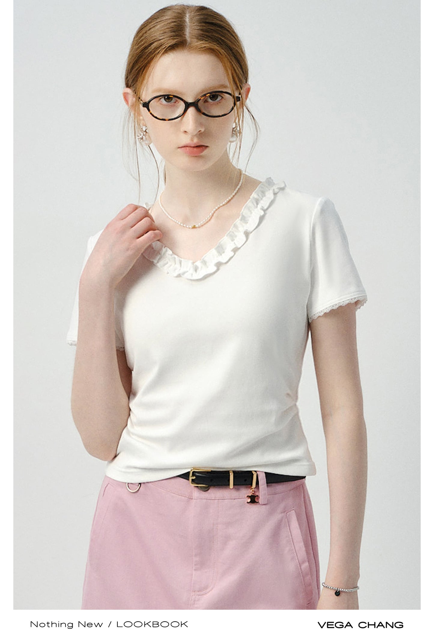 Ruffle Trim V-Neck Plain T-Shirt