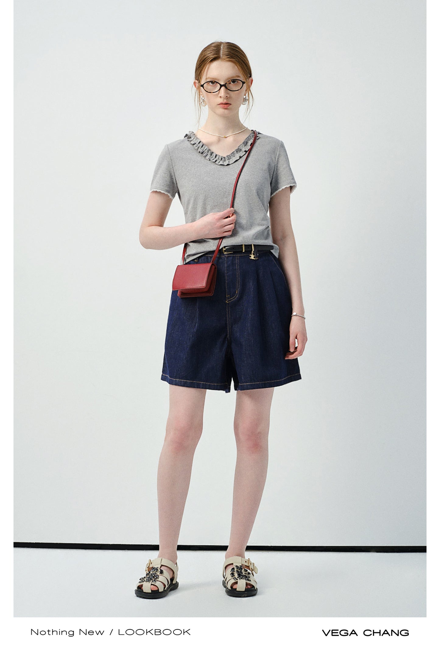 Ruffle Trim V-Neck Plain T-Shirt