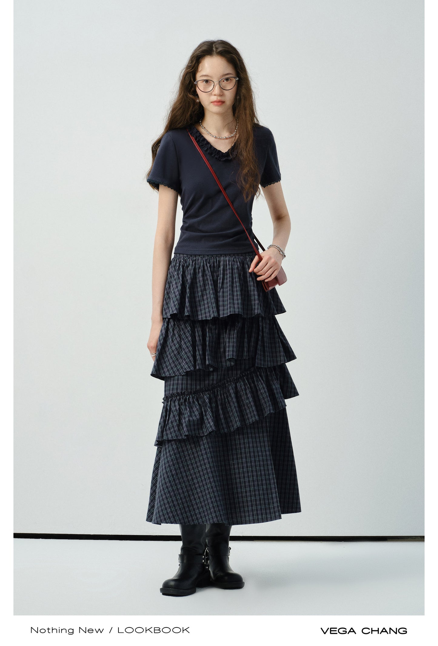 Ruffle Trim V-Neck Plain T-Shirt