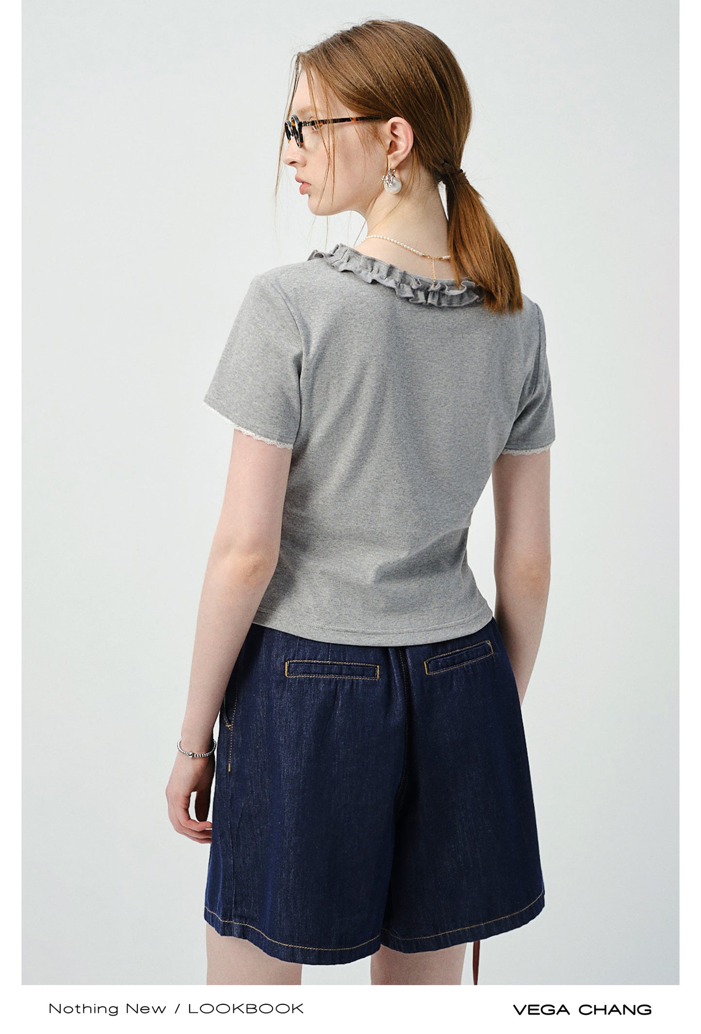 Ruffle Trim V-Neck Plain T-Shirt