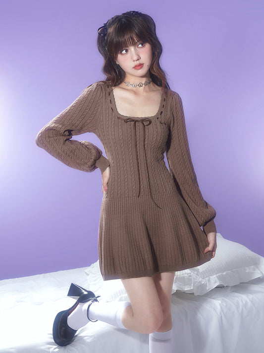 Cable Knit Dress With Scooped Square Neck