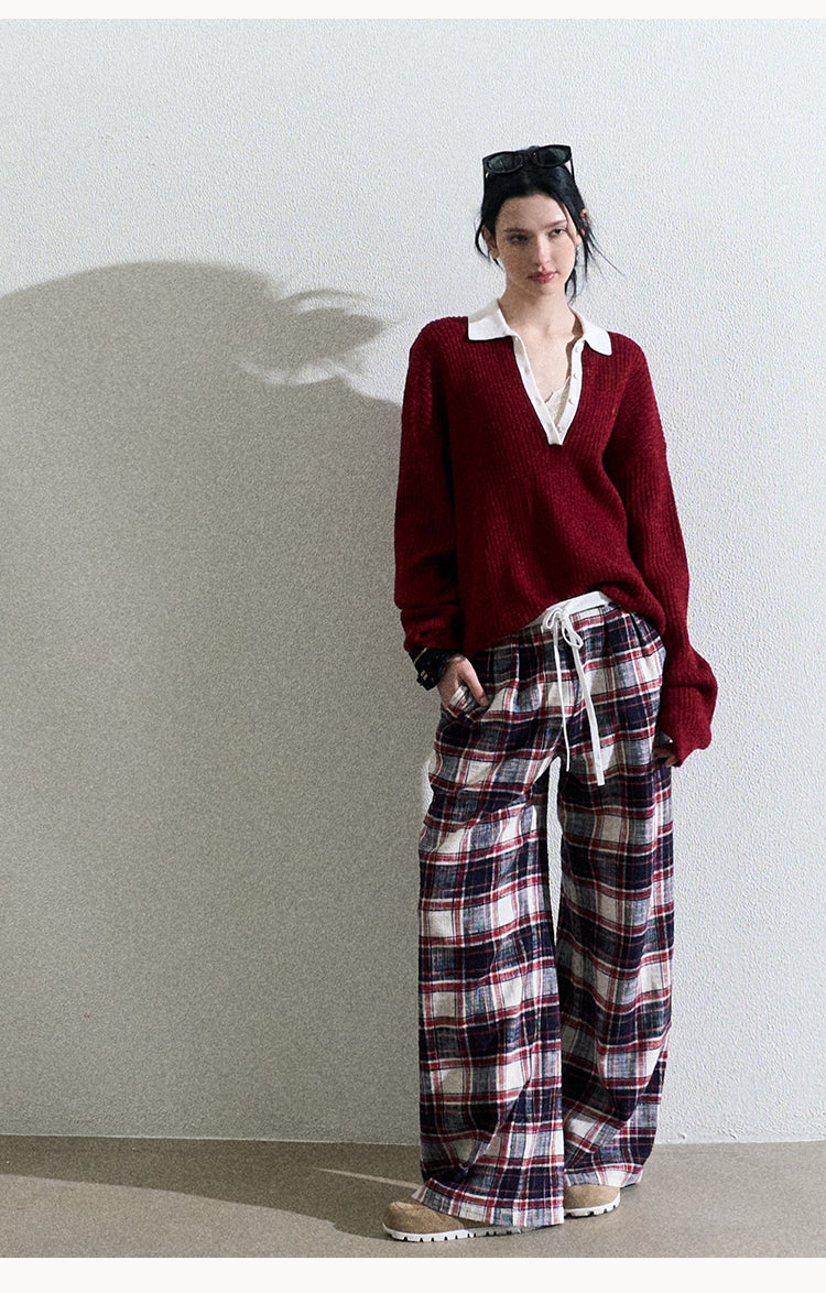 Classic Plaid Cotton Wide-Leg Pants With Drawstring