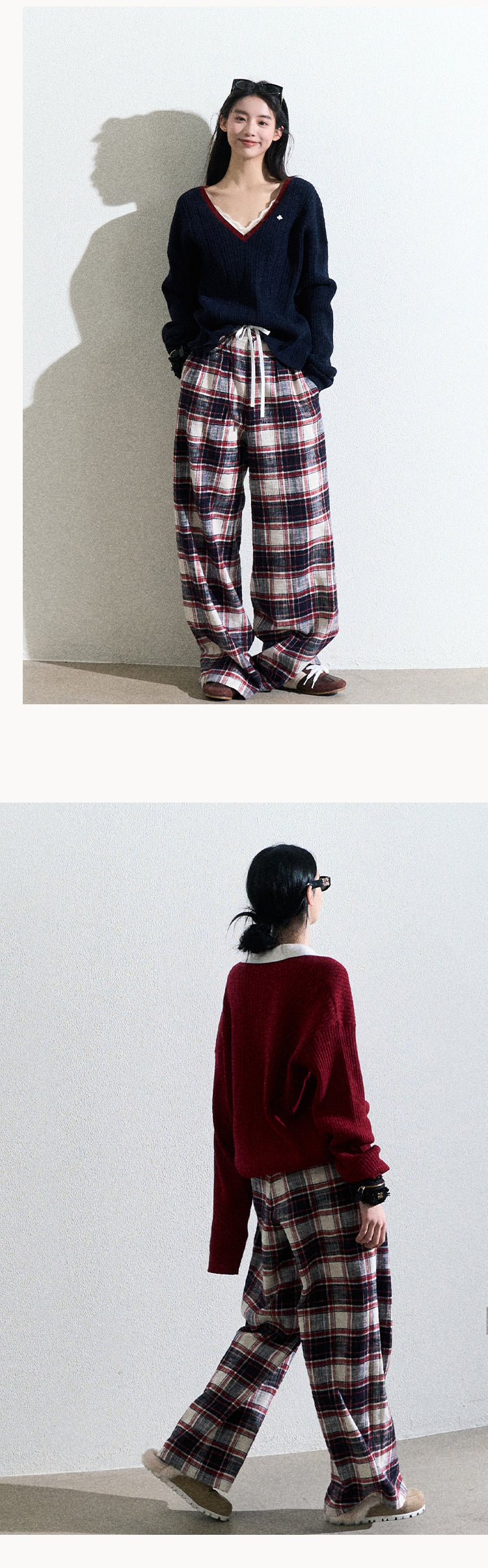 Classic Plaid Cotton Wide-Leg Pants With Drawstring