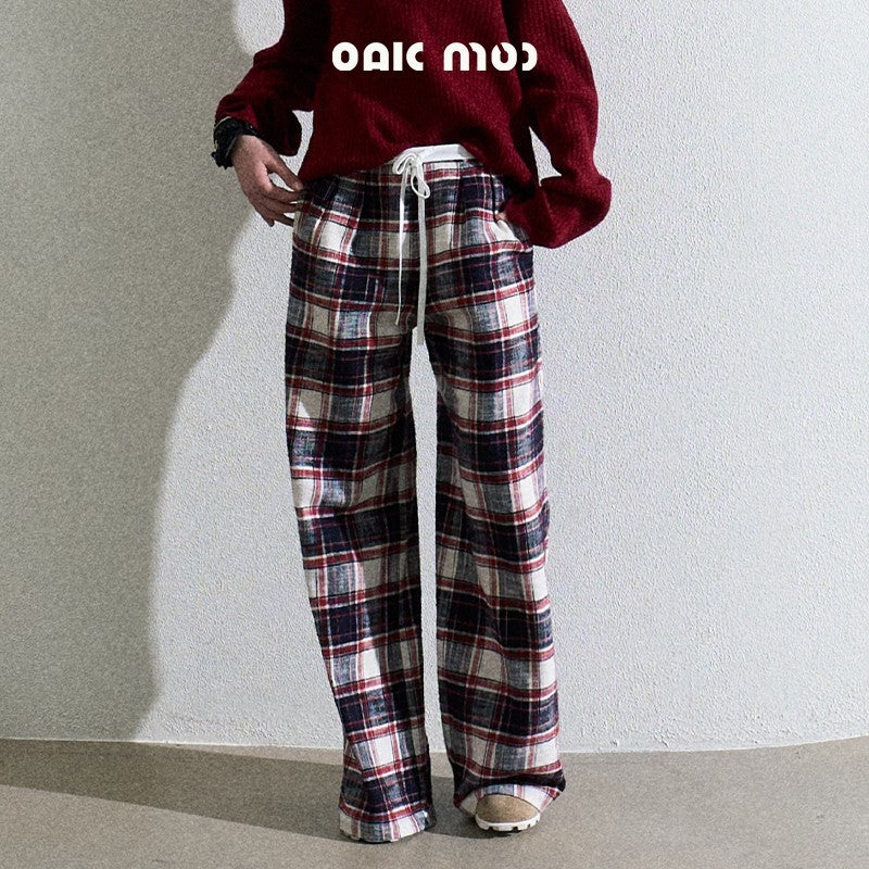 Classic Plaid Cotton Wide-Leg Pants With Drawstring