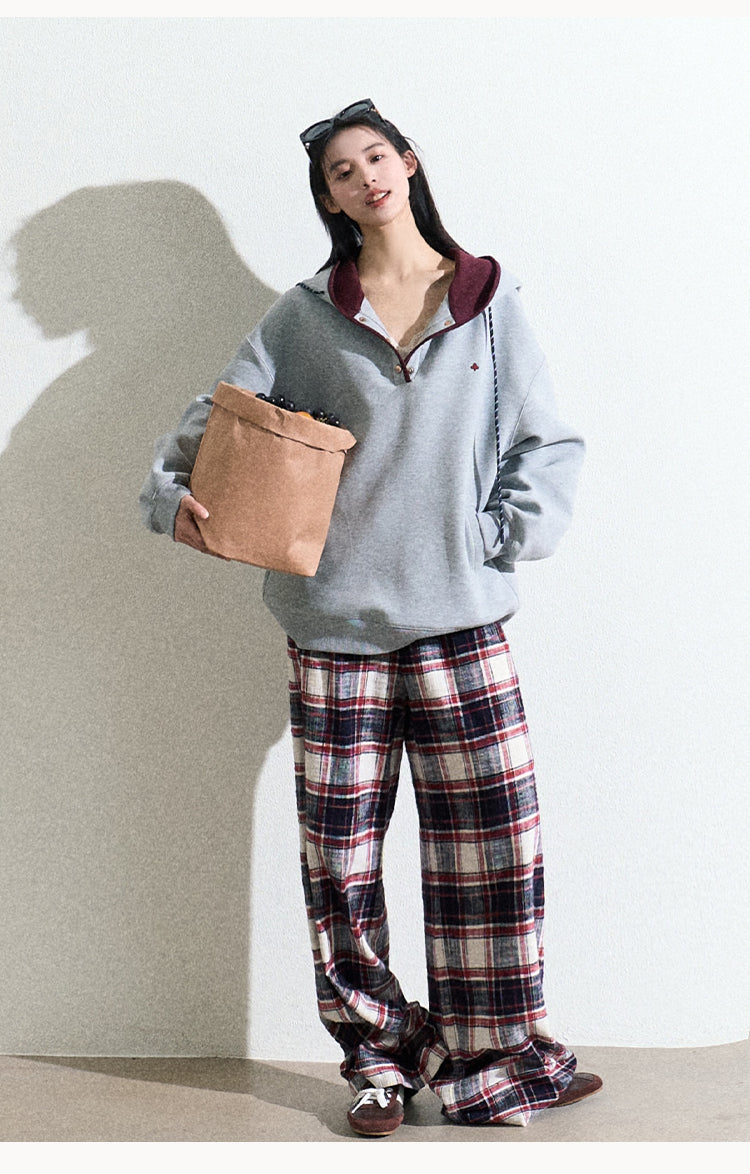 Classic Plaid Cotton Wide-Leg Pants With Drawstring