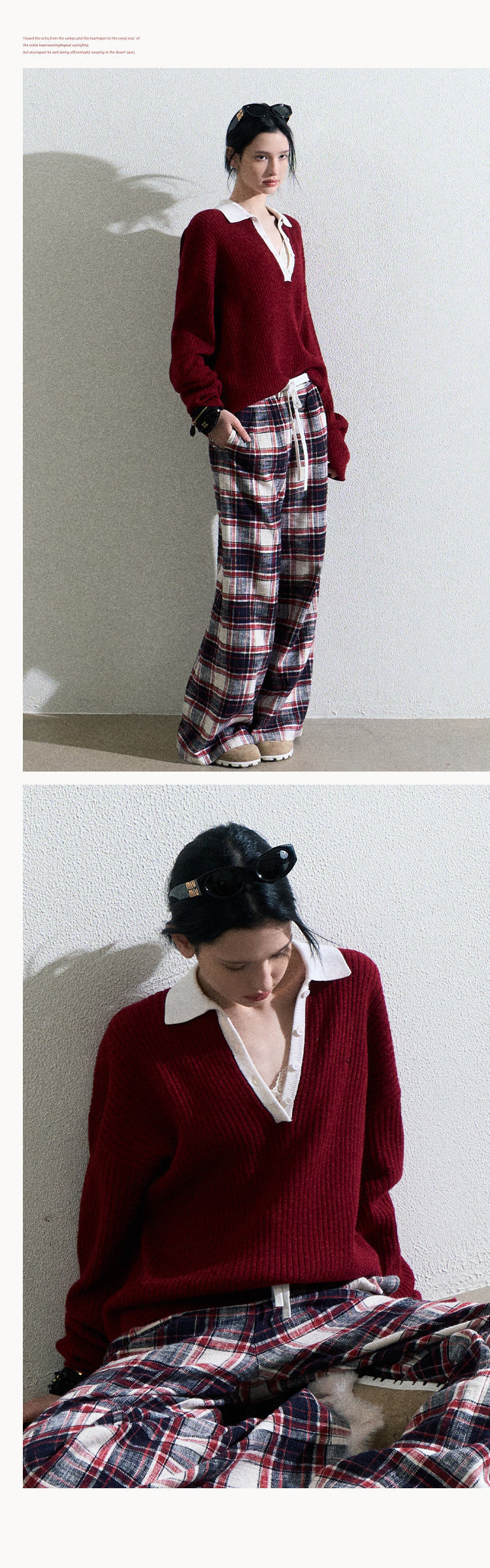 Classic Plaid Cotton Wide-Leg Pants With Drawstring