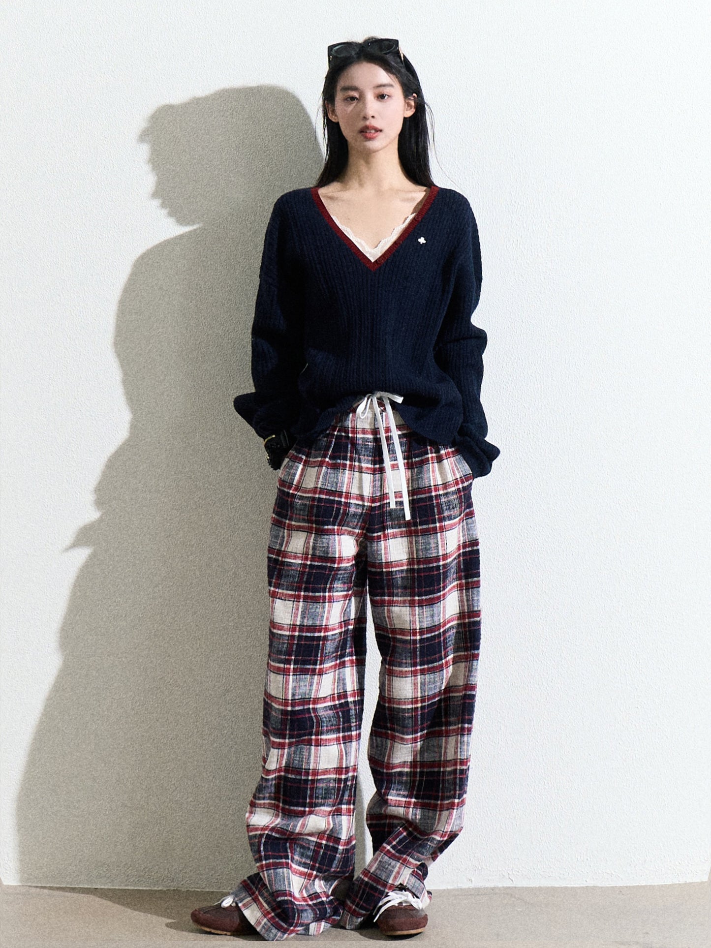 Classic Plaid Cotton Wide-Leg Pants With Drawstring