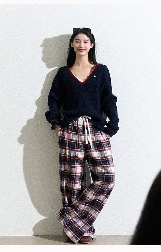 Classic Plaid Cotton Wide-Leg Pants With Drawstring