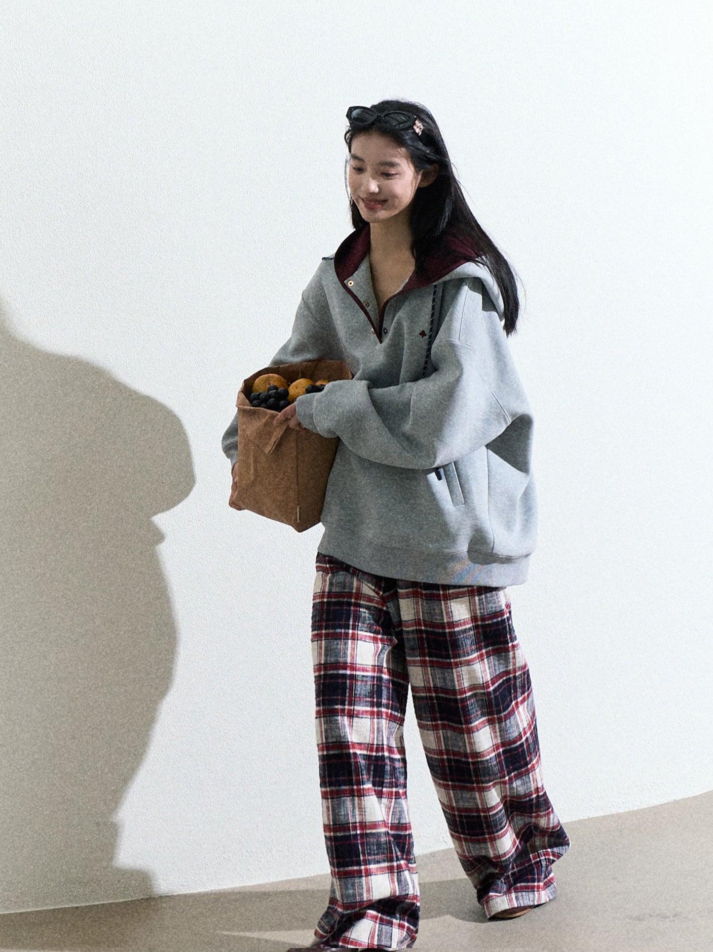 Classic Plaid Cotton Wide-Leg Pants With Drawstring