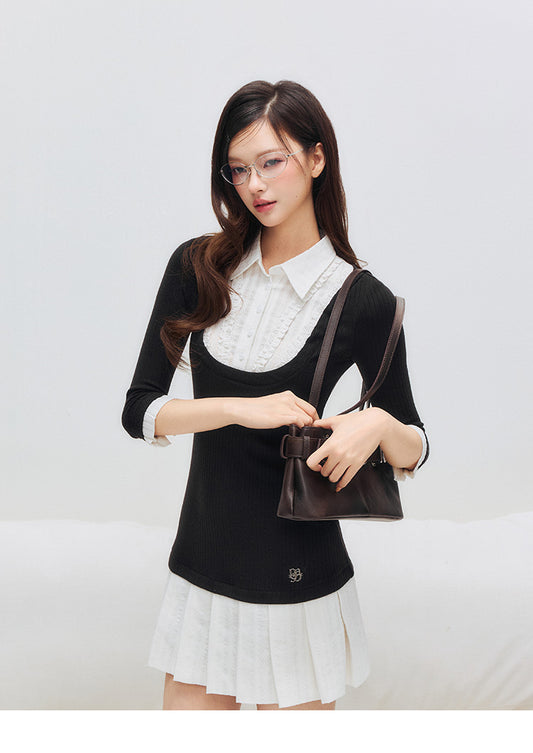 Layered-Look Collared Slim Top
