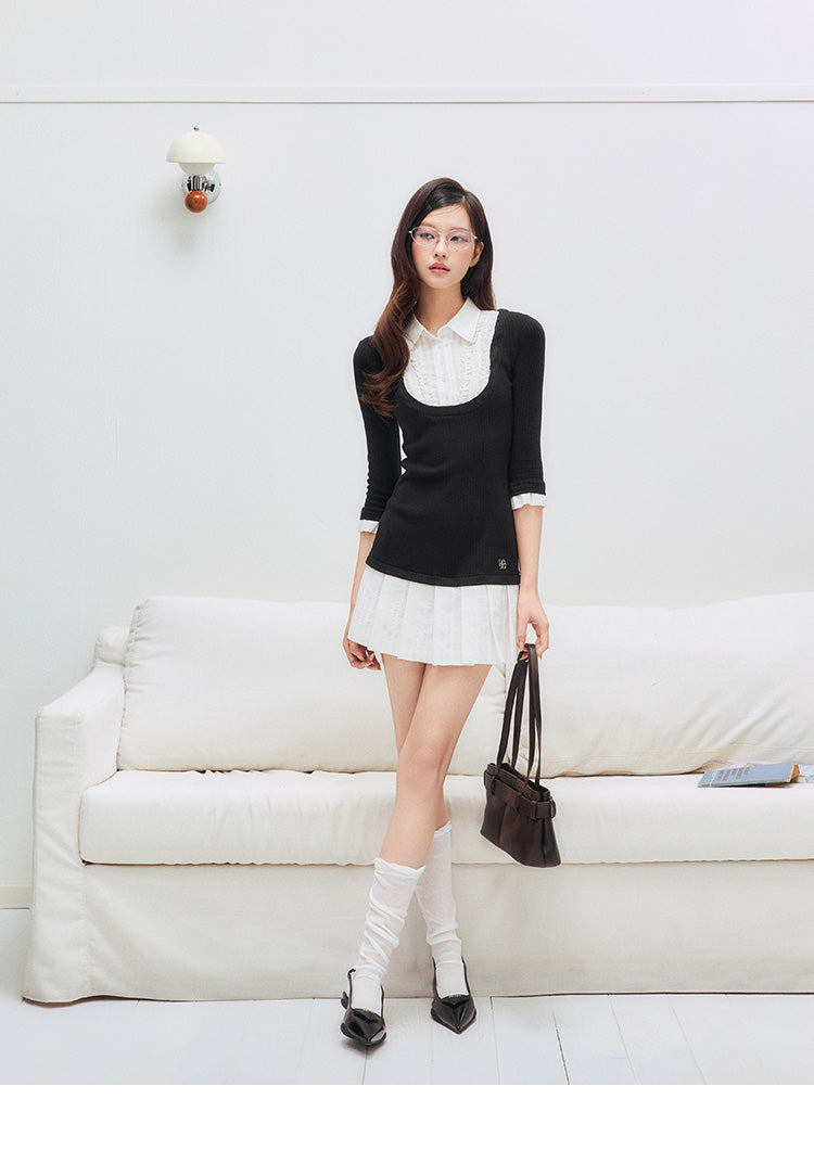 Layered-Look Collared Slim Top