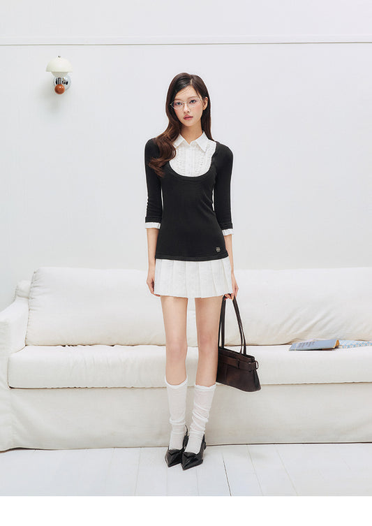 Layered-Look Collared Slim Top