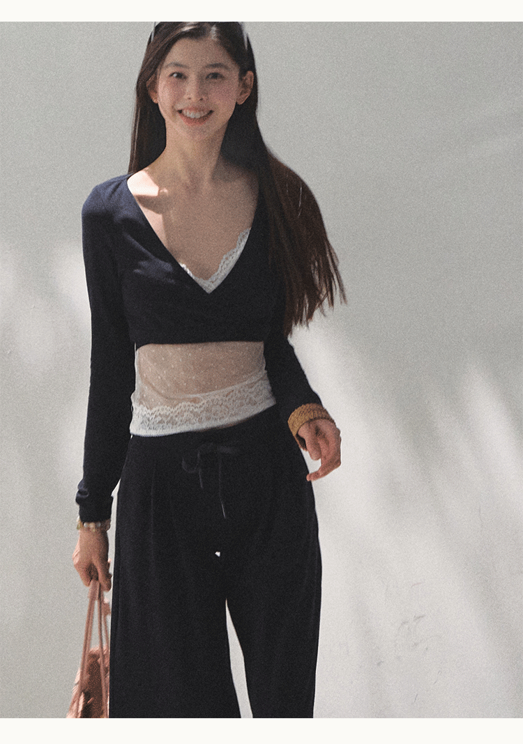 Tie Front Crop Top And Wide Leg Pants