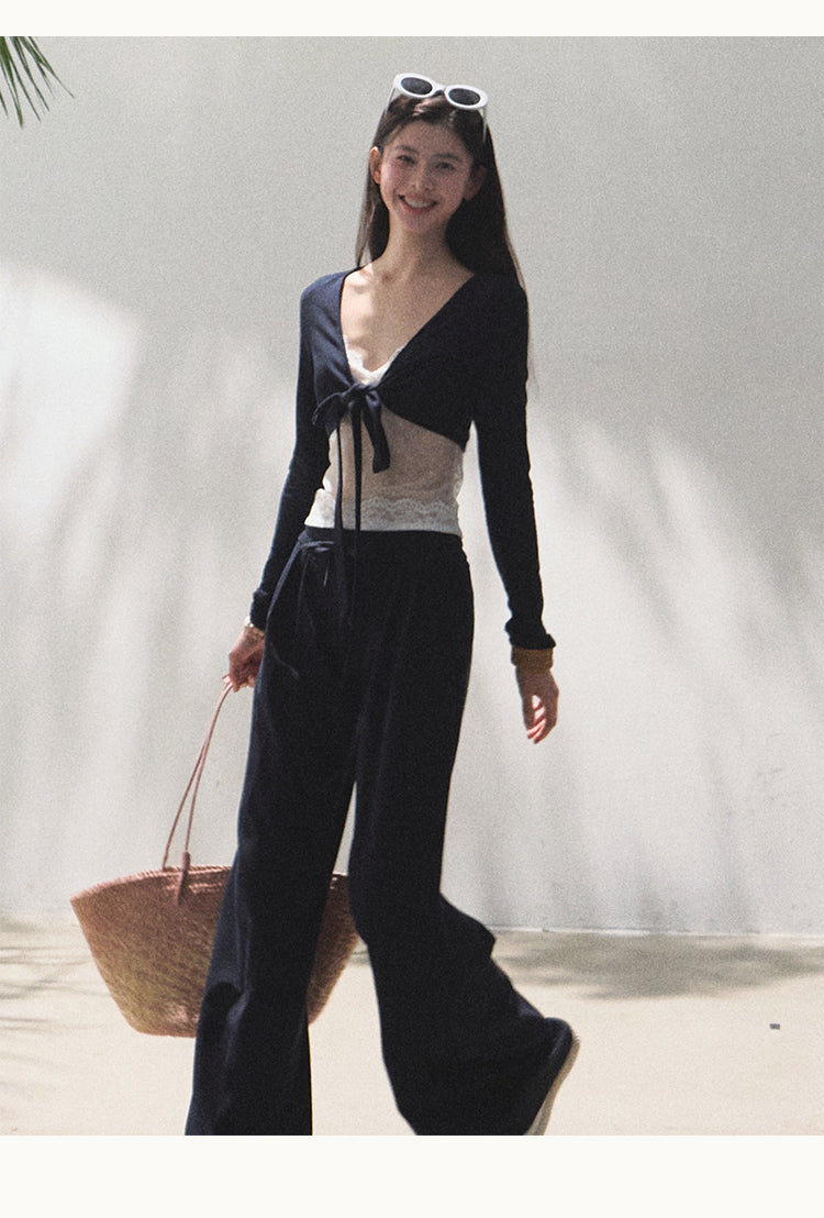 Tie Front Crop Top And Wide Leg Pants