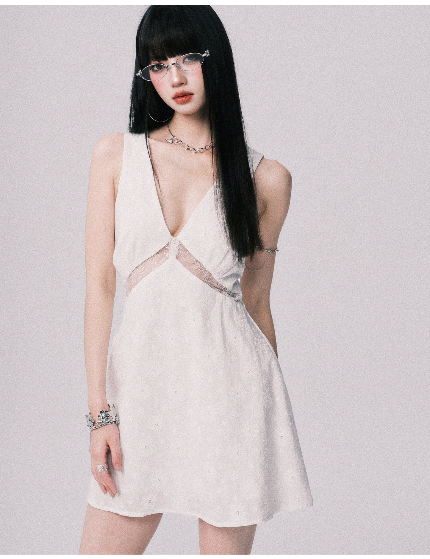 Lace Panel Jacquard V-Neck Dress