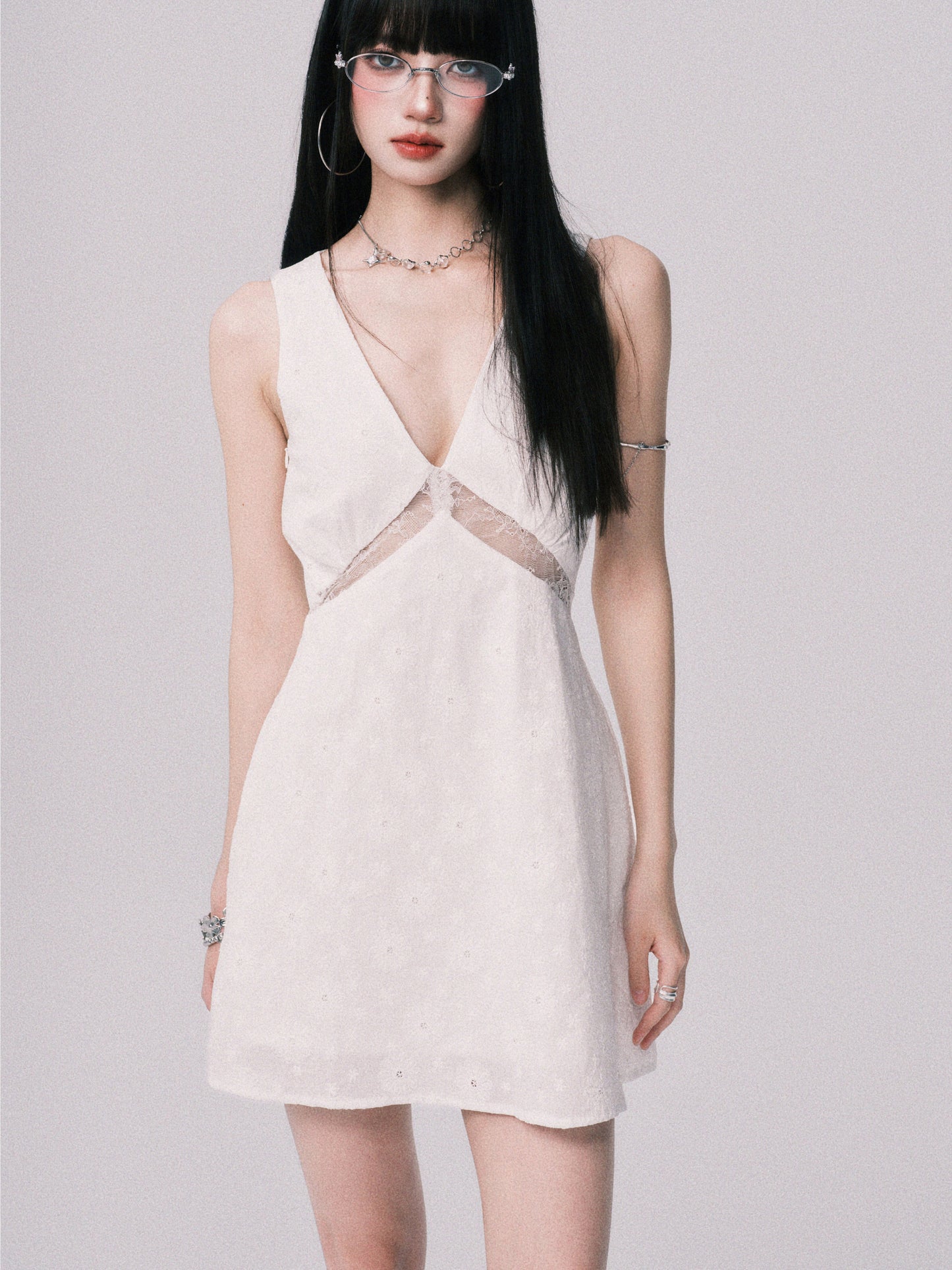 Lace Panel Jacquard V-Neck Dress