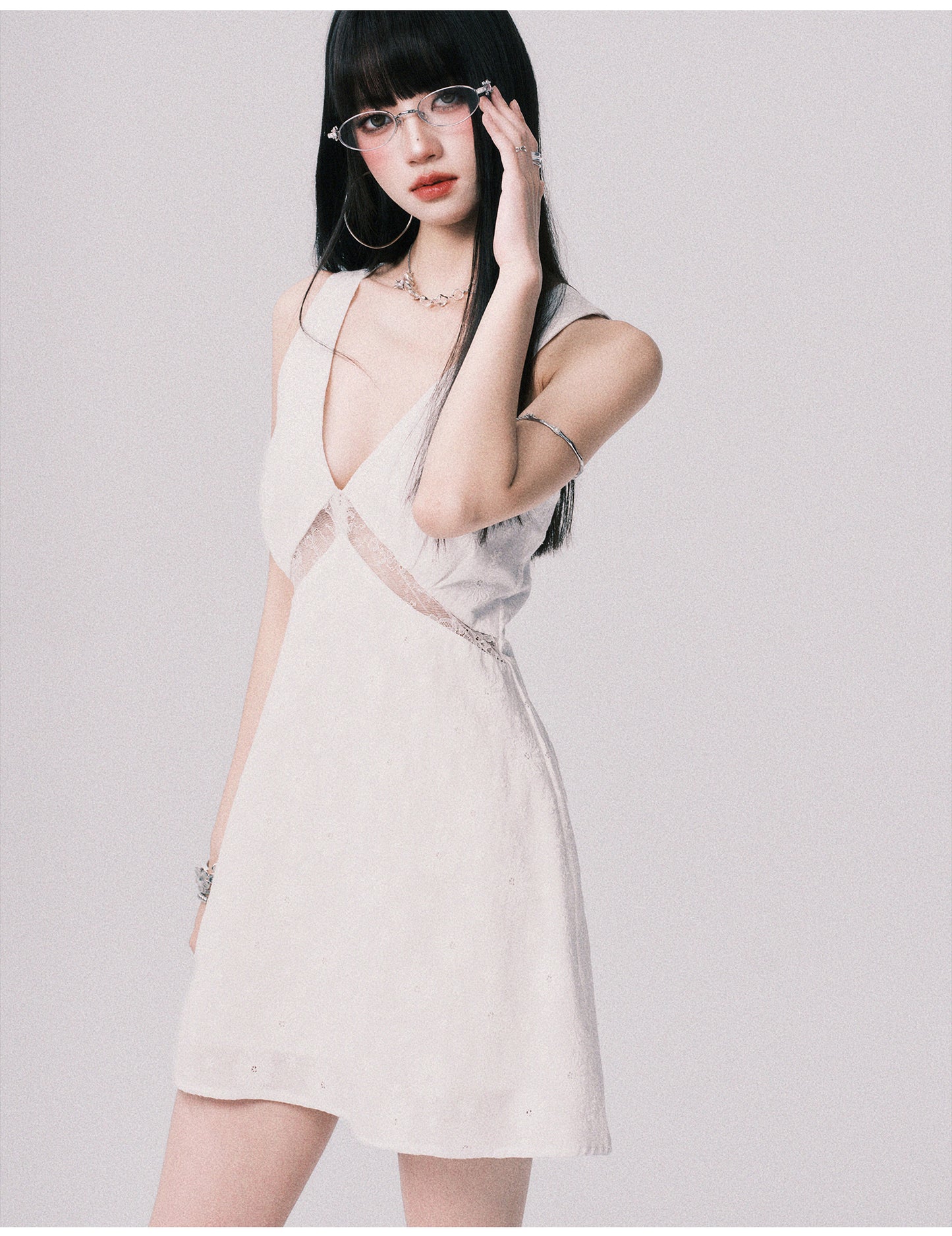 Lace Panel Jacquard V-Neck Dress