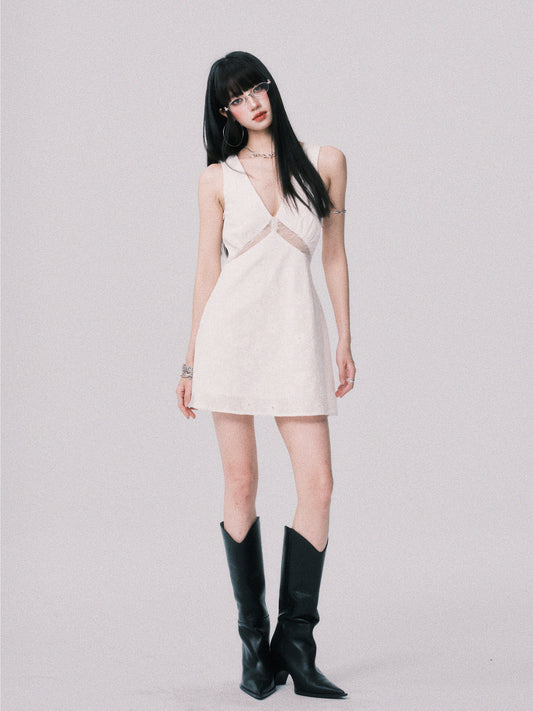 Lace Panel Jacquard V-Neck Dress