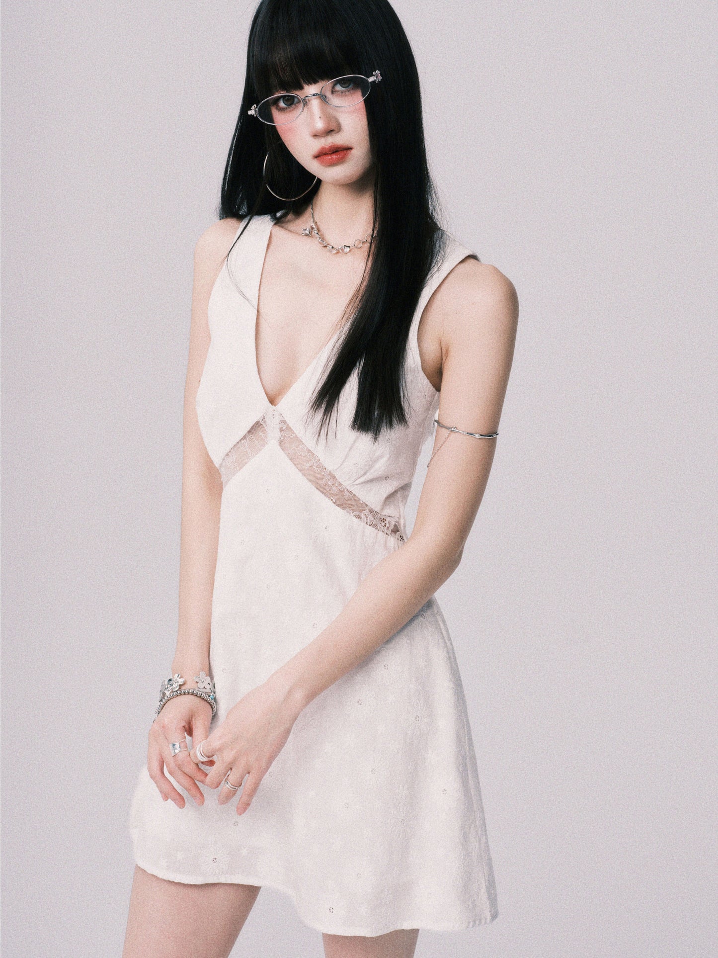 Lace Panel Jacquard V-Neck Dress
