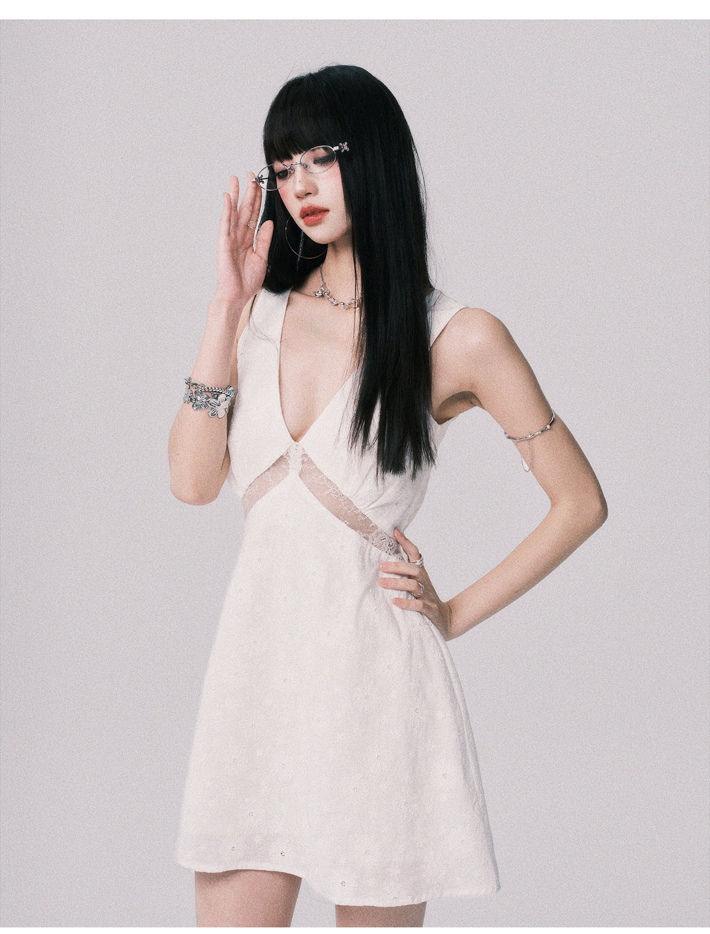 Lace Panel Jacquard V-Neck Dress