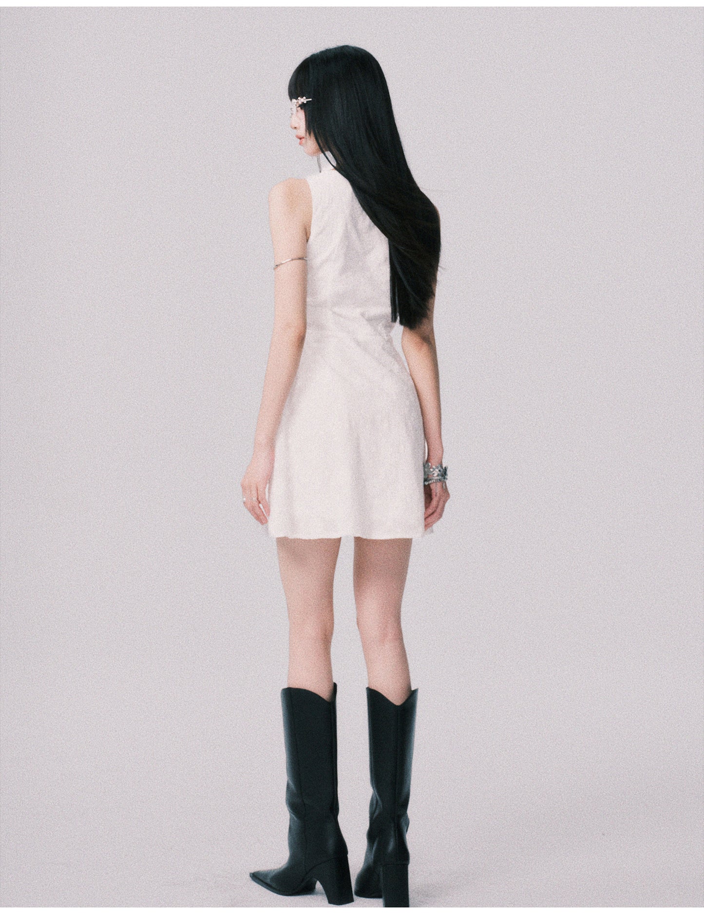 Lace Panel Jacquard V-Neck Dress