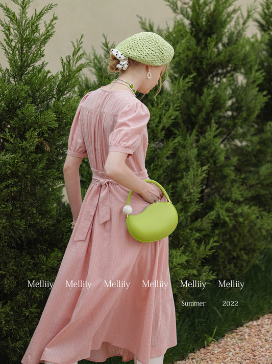 Dot-Textured Crossover Dress With Waist Tie