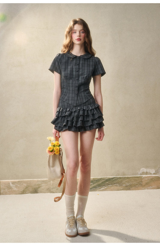 Peter Pan Collar Plaid Blouse And Ruffled Skirt