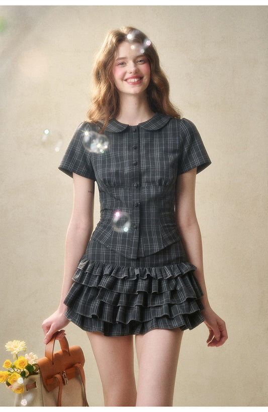 Peter Pan Collar Plaid Blouse And Ruffled Skirt