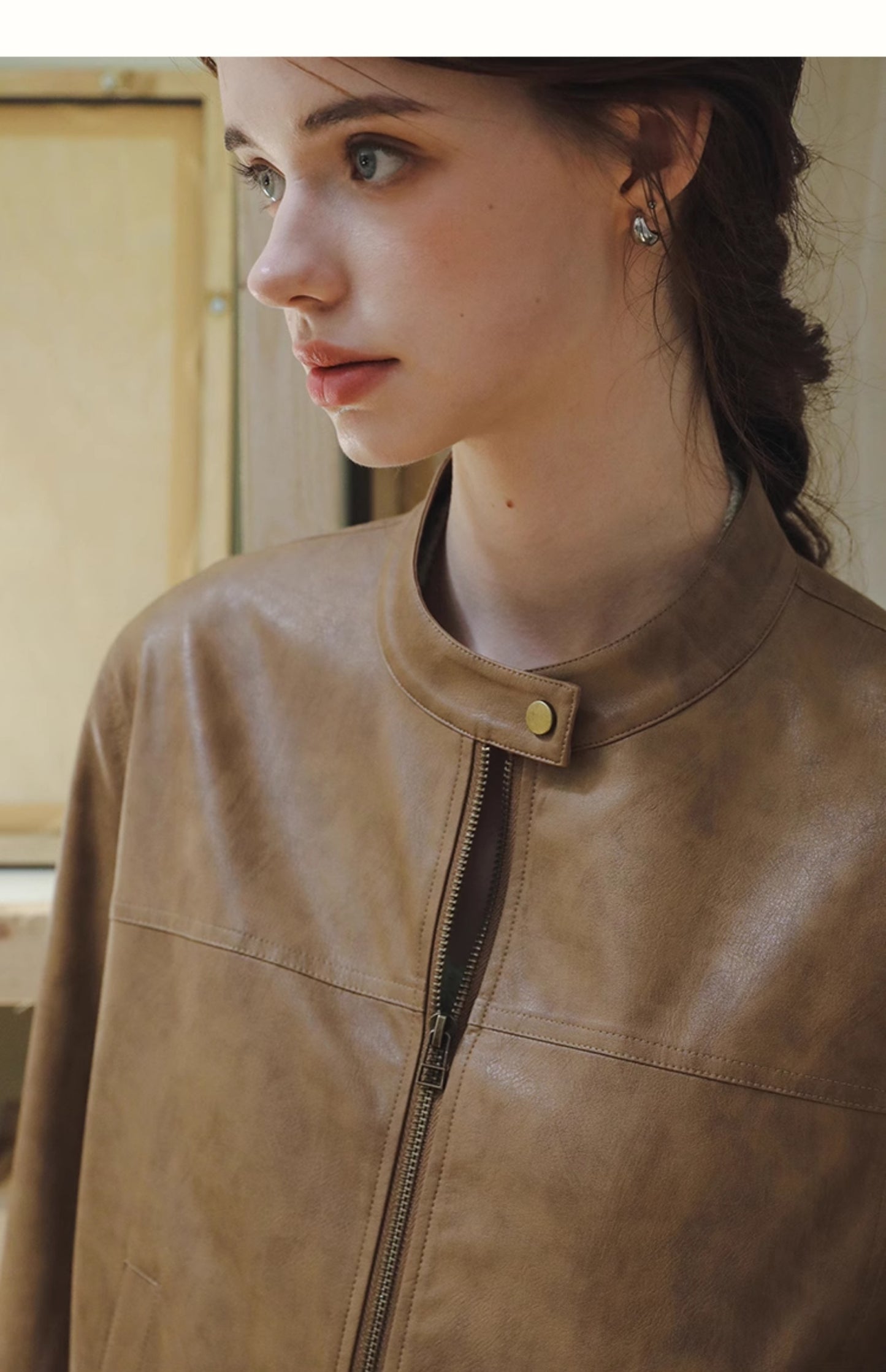 Minimal Faux Leather Stand Collar Zip Jacket