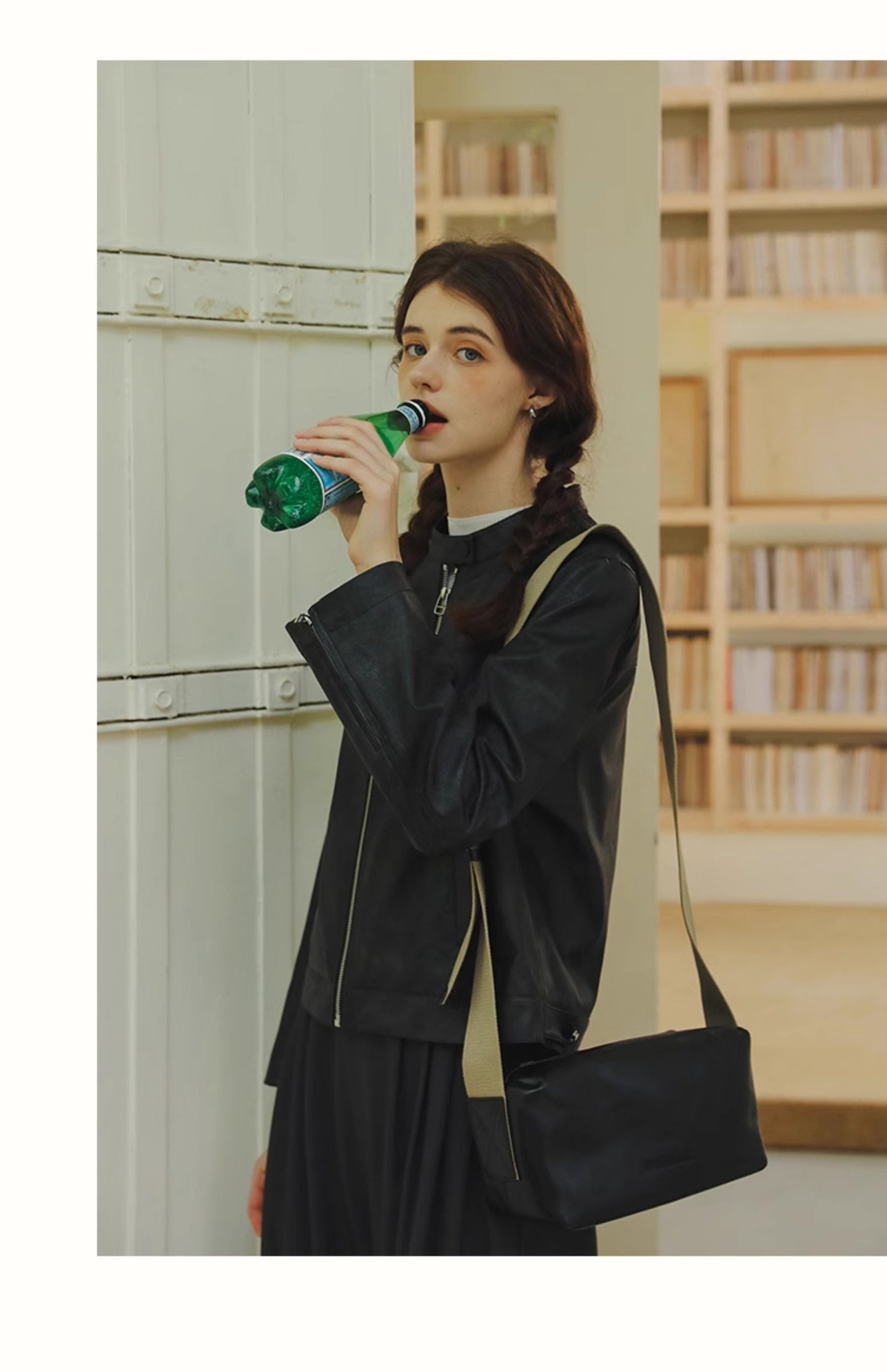Minimal Faux Leather Stand Collar Zip Jacket
