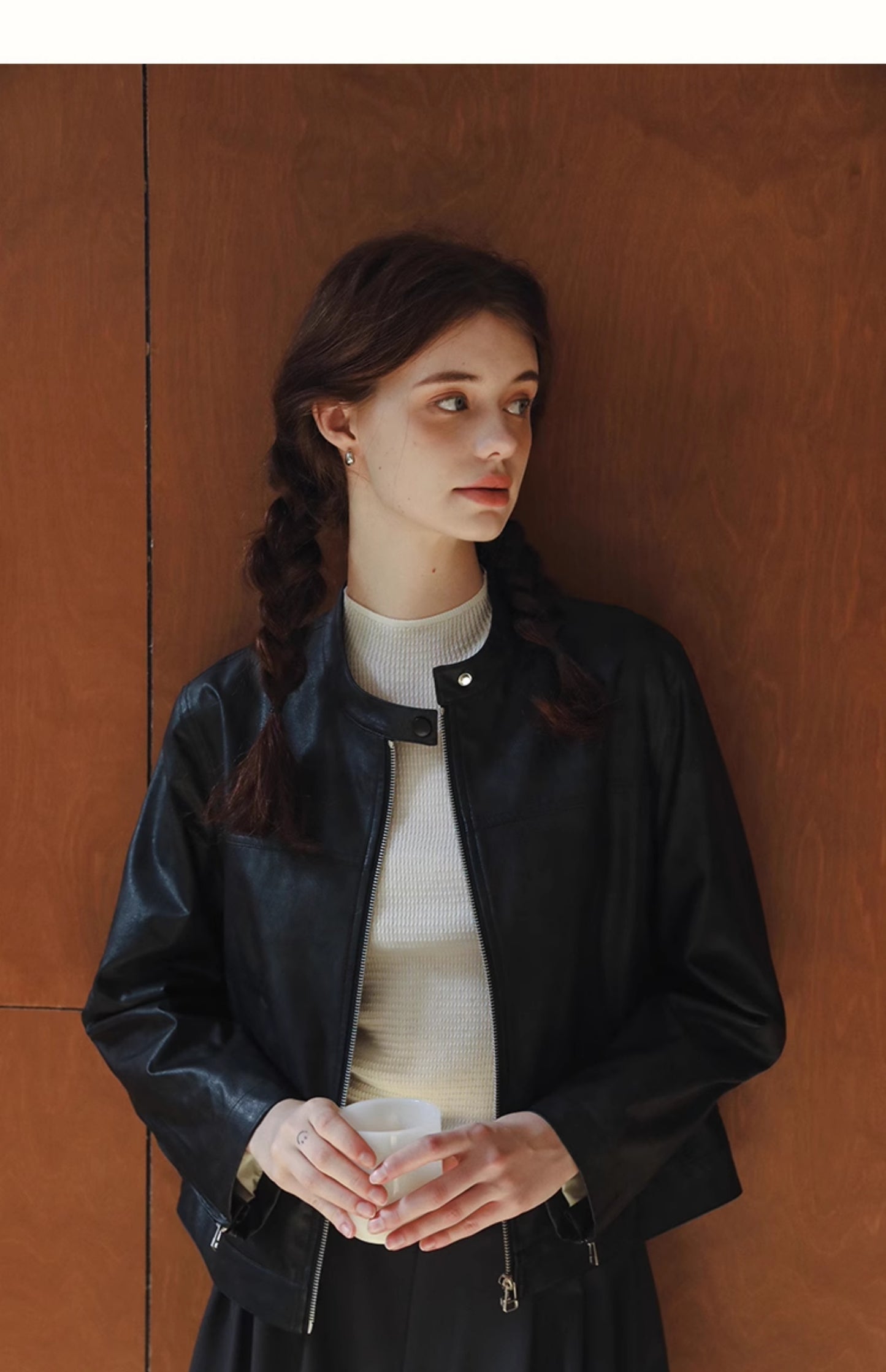 Minimal Faux Leather Stand Collar Zip Jacket