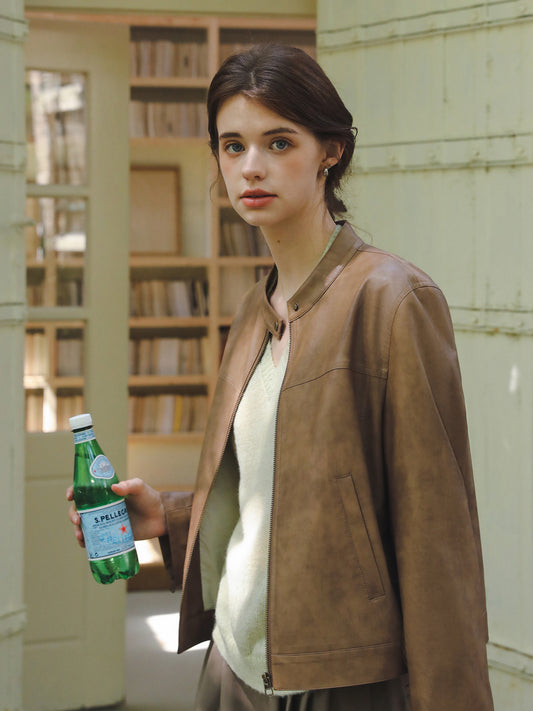 Minimal Faux Leather Stand Collar Zip Jacket