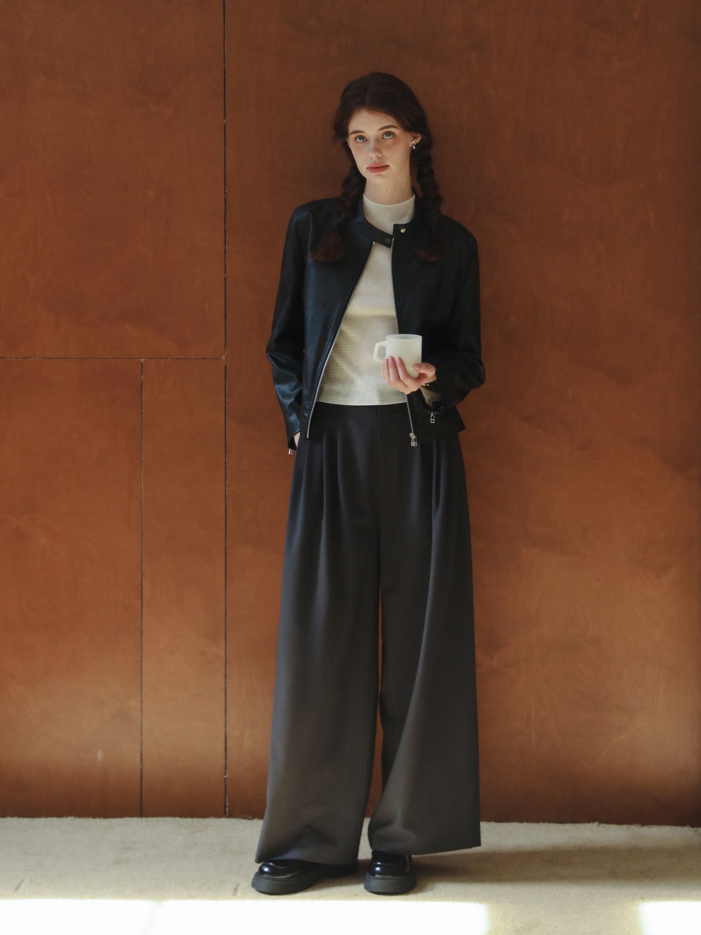 Minimal Faux Leather Stand Collar Zip Jacket